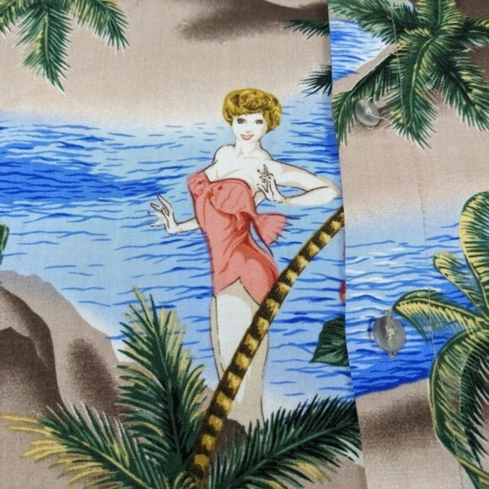 Pierre Cardin Men's Hawaiian Pin-Up Girl‎ Button Shirt Size L Blue Beach Rayon
